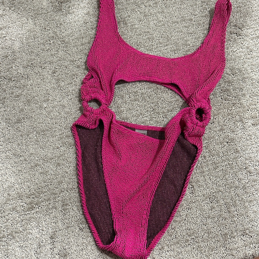 Good American Pink Cutout Swimsuit with gold shimmer